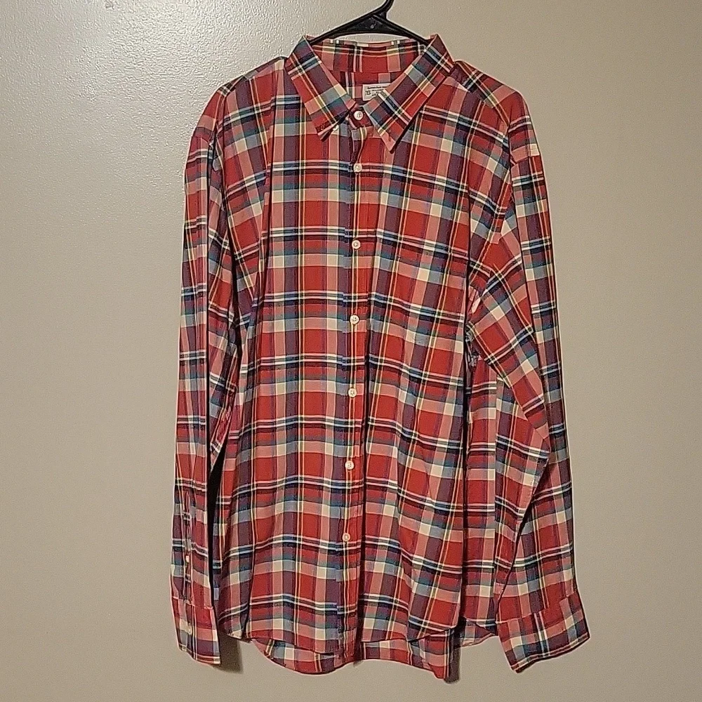 J. Crew Factory Red White & Blue Pop-Over Plaid Longsleeve Shirt‎ Mens Size XL